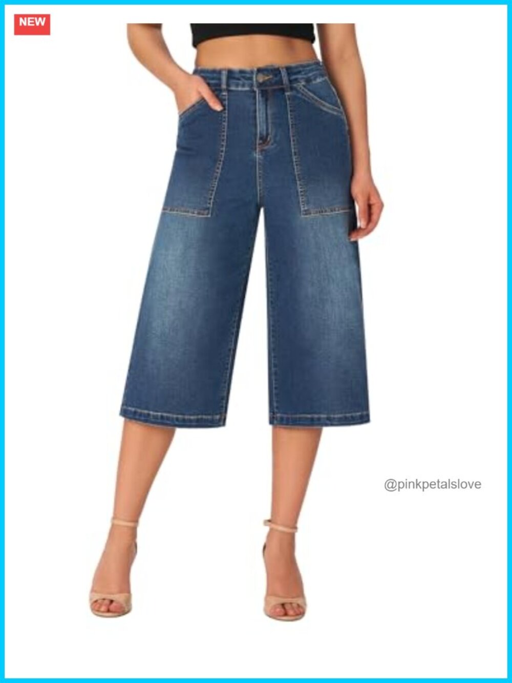 Wide Leg Capri Pants High Waisted Stretchy Denim Gaucho Jeans 4 Pockets